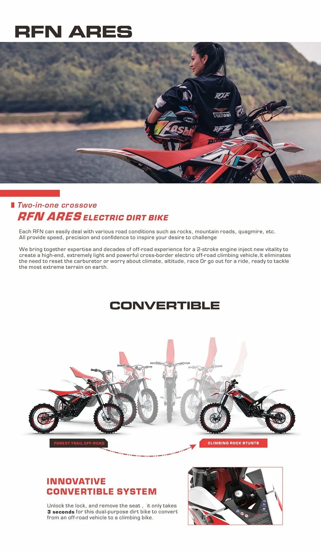 Apollo Dirt Bike Rfn Ares Rally PRO Electric Dirt Bike Electric Motorcycle with Lithium Battery Electric Motocross Electric Pit Bike Adult Electric off Road